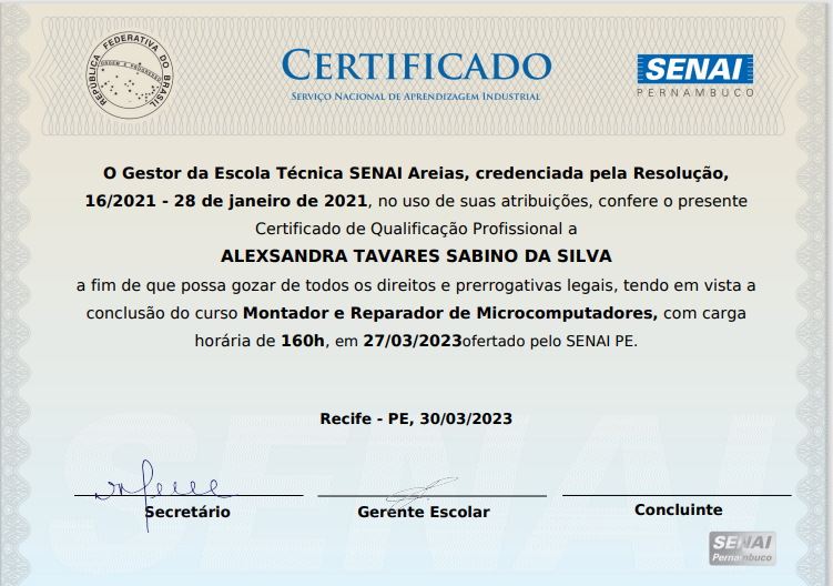 Certificado Montador e Reparador de Microcomputadores - SENAI